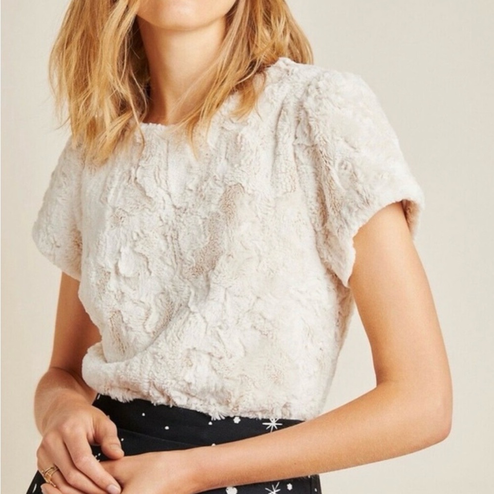 Anthropologie Cream Short Sleeve Faux Fur Textured Tee/Sweater